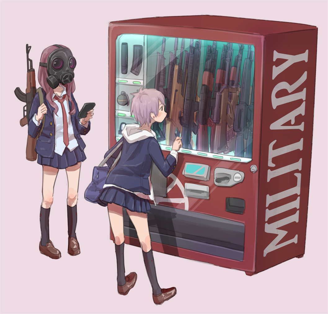 2girls ak-47 assault_rifle bag bullpup cellphone earrings explosive fn_scar gas_mask grenade gun jewelry long_hair m4_carbine mask multiple_girls necktie original phone rifle school_bag school_uniform short_hair simple_background smartphone steyr_aug suppressor tabao vending_machine weapon