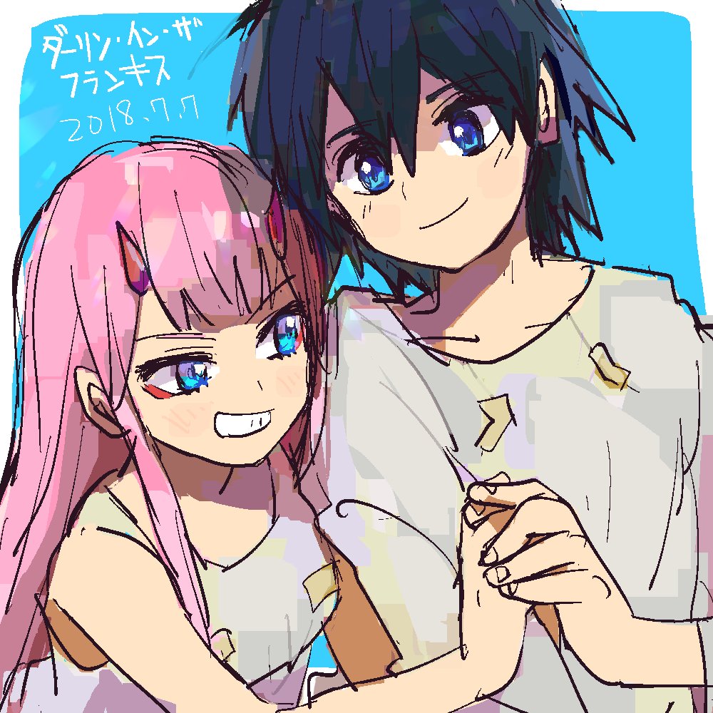 1boy 1girl bangs black_hair blue_eyes collarbone commentary_request couple darling_in_the_franxx esukesun eyebrows_visible_through_hair hand_holding hetero hiro_(darling_in_the_franxx) horns long_hair looking_at_viewer nightgown oni_horns pajamas pink_hair red_horns shirtless short_hair zero_two_(darling_in_the_franxx)