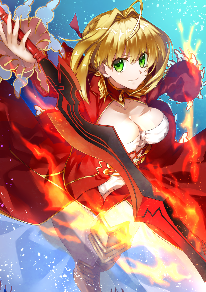 1girl ahoge blonde_hair breasts cleavage closed_mouth commentary_request dress fate/extra fate/grand_order fate_(series) green_eyes looking_at_viewer nero_claudius_(fate) nero_claudius_(fate)_(all) nina_(pastime) red_dress short_hair solo