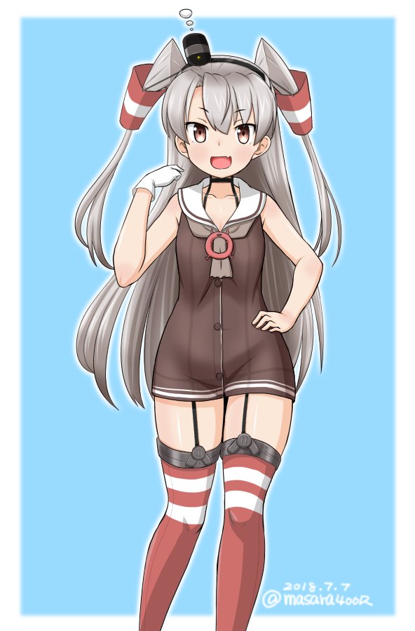 1girl adapted_costume amatsukaze_(kantai_collection) brown_dress brown_eyes dated dress feet_out_of_frame garter_straps gloves hair_tubes hand_on_hip hat horizontal-striped_legwear horizontal_stripes kantai_collection lifebuoy long_hair masara_(masalucky2010) mini_hat red_legwear sailor_dress short_dress silver_hair simple_background single_glove sleeveless sleeveless_dress solo striped striped_legwear thigh-highs twitter_username two-tone_background two_side_up white_background windsock