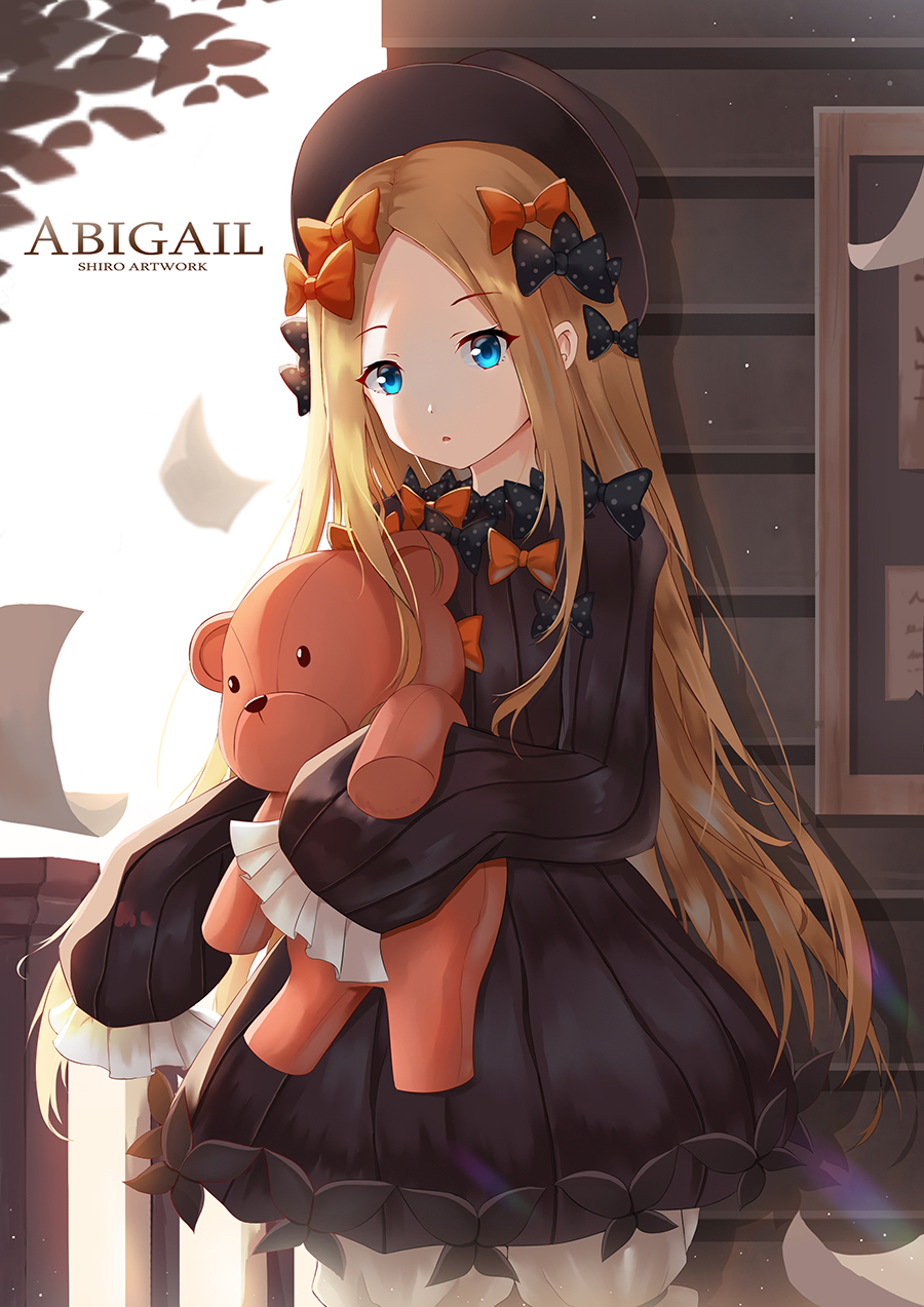 1girl abigail_williams_(fate/grand_order) artist_name bangs black_bow black_dress black_hat blonde_hair bloomers blue_eyes bow bug butterfly character_name commentary_request day dress eyebrows_visible_through_hair fate/grand_order fate_(series) fence forehead hair_bow hat head_tilt highres insect long_hair long_sleeves looking_at_viewer object_hug orange_bow outdoors parted_bangs parted_lips polka_dot polka_dot_bow shirokun0824 sleeves_past_fingers sleeves_past_wrists solo stuffed_animal stuffed_toy teddy_bear underwear very_long_hair white_bloomers