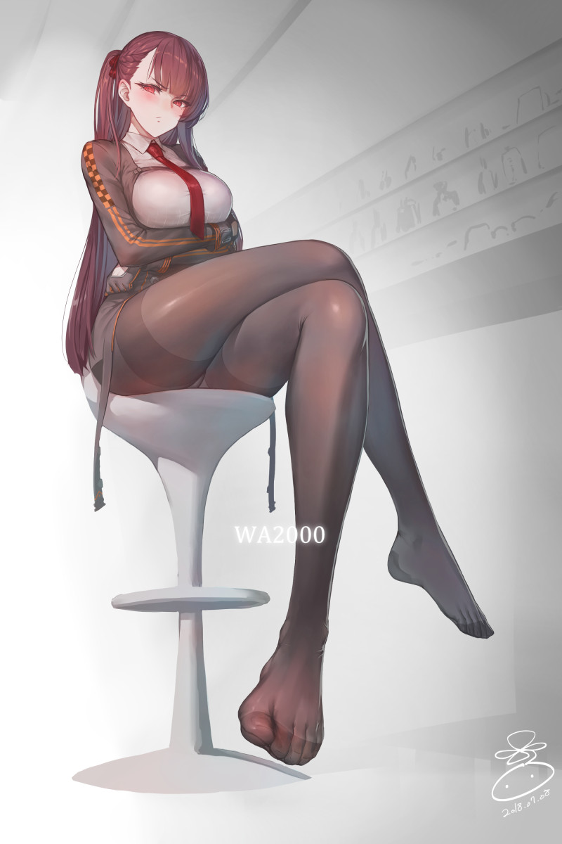 1girl ass bangs black_legwear black_skirt blazer blush breasts character_name closed_mouth collared_shirt crossed_arms eyebrows_visible_through_hair framed_breasts girls_frontline gloves hair_ribbon half_updo highres jacket large_breasts legs_crossed long_hair looking_at_viewer necktie one_side_up open_mouth pantyhose purple_hair red_eyes red_neckwear ribbon shirt sidelocks signature sitting skirt solo stool striped striped_shirt suerte thighband_pantyhose thighs tsurime very_long_hair wa2000_(girls_frontline) white_shirt