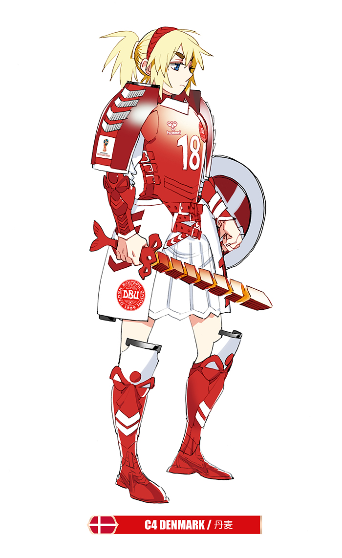 1girl 2018_fifa_world_cup armored_boots blonde_hair boots daibajoujisan danish_flag denmark fate_(series) full_body hairband holding holding_sword holding_weapon mordred_(fate)_(all) pauldrons ponytail red_footwear shield simple_background skirt soccer solo sword thick_eyebrows weapon white_background white_skirt
