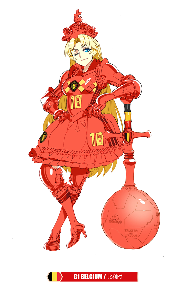 1girl 2018_fifa_world_cup adidas armor armored_boots armored_dress belgian_flag belgium blue_eyes boots breastplate breasts crown daibajoujisan dress full_body gauntlets hair_intakes high_heels leaning_on_weapon legs_crossed long_hair looking_at_viewer mace medium_breasts one_eye_closed red_dress simple_background smirk soccer solo standing thick_eyebrows weapon white_background
