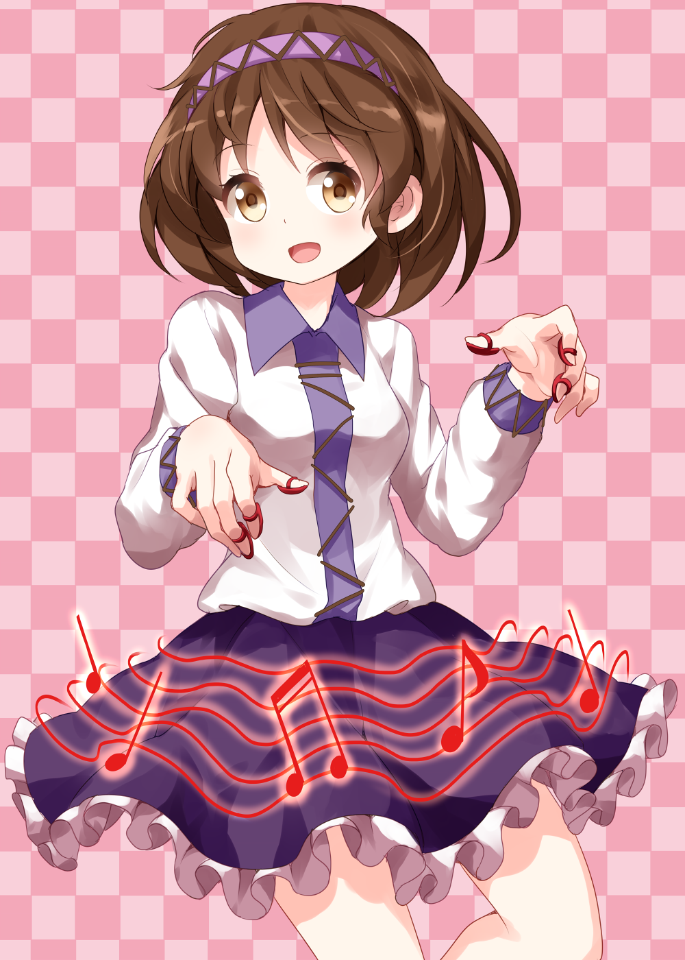 1girl beamed_sixteenth_notes breasts brown_hair checkered checkered_background collared_shirt eighth_note eyebrows_visible_through_hair frilled_skirt frills headband highres instrument lace long_sleeves looking_at_viewer music musical_note open_mouth pink_background playing_instrument plectrum puffy_long_sleeves puffy_sleeves purple_headband purple_skirt quarter_note red ruu_(tksymkw) shirt short_hair sixteenth_note skirt sleeve_cuffs small_breasts smile solo staff_(music) standing standing_on_one_leg thighs touhou tsukumo_yatsuhashi white_frills white_shirt yellow_eyes