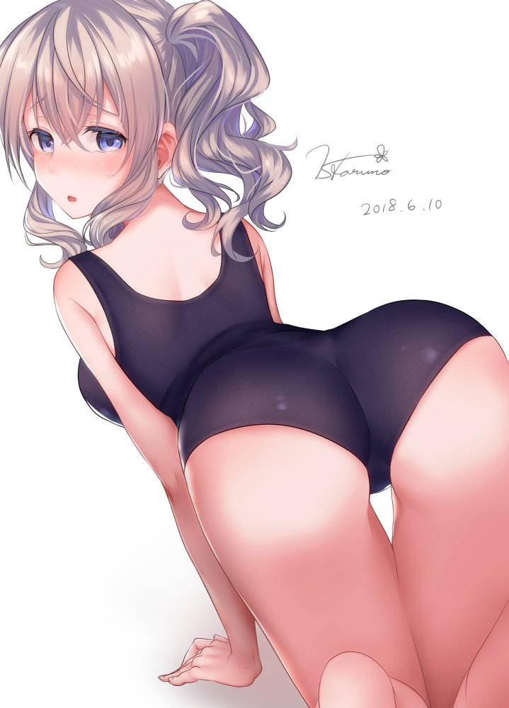 1girl arm_support ass back blue_eyes blush eyebrows_visible_through_hair from_behind haruno_suzune kantai_collection kashima_(kantai_collection) looking_at_viewer looking_back silver_hair simple_background solo swimsuit thighs twintails wavy_hair white_background