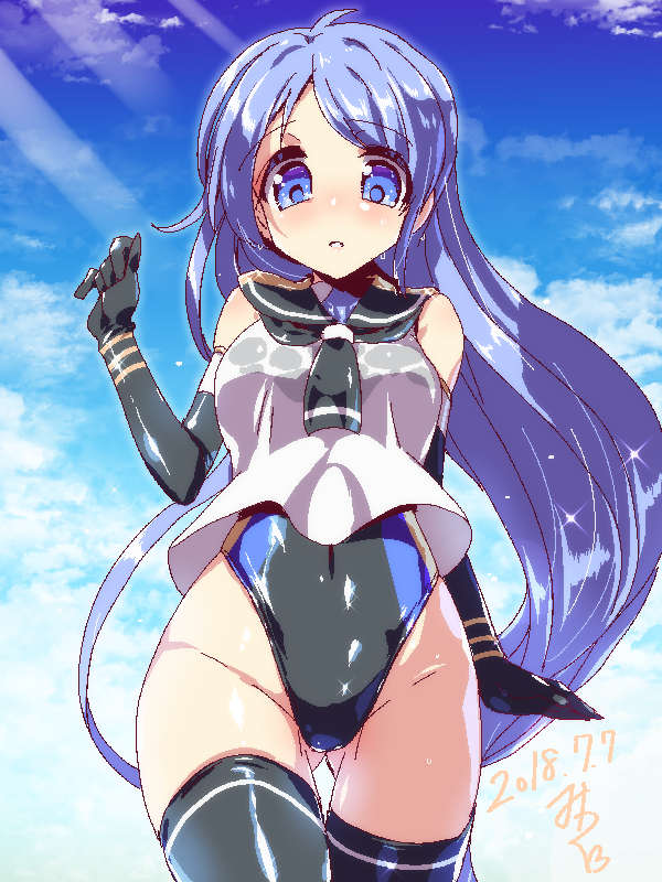 1girl black_gloves black_legwear blue_eyes blue_hair breasts closed_mouth clouds cloudy_sky commentary_request cowboy_shot dated elbow_gloves eyebrows_visible_through_hair gloves gluteal_fold kantai_collection long_hair looking_at_viewer medium_breasts miuku_(marine_sapphire) neckerchief open_mouth outdoors samidare_(kantai_collection) school_uniform sky solo swimsuit swimsuit_under_clothes thigh-highs very_long_hair