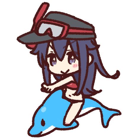 &gt;:&gt; +_+ 1girl akatsuki_(kantai_collection) bikini blush chibi commentary_request dolphin flat_cap goggles goggles_on_head hat kantai_collection long_hair lowres navel purple_hair red_bikini riding scuba_gear simple_background solo swimsuit violet_eyes white_background yoru_nai