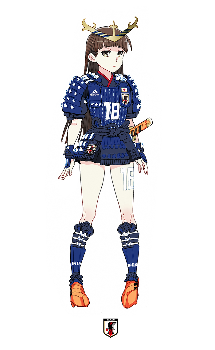 1girl 2018_fifa_world_cup armor bangs black_hair blue_legwear blunt_bangs brown_eyes cleats crown daibajoujisan full_body japan japanese_armor japanese_flag kusazuri long_hair looking_at_viewer miniskirt number orange_footwear shin_guards shoulder_armor simple_background skirt soccer sode solo white_background