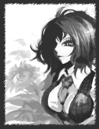 border flower greyscale kazami_yuuka leaf lowres monochrome necktie plaid plaid_vest short_hair touhou vest yt_(wai-tei)