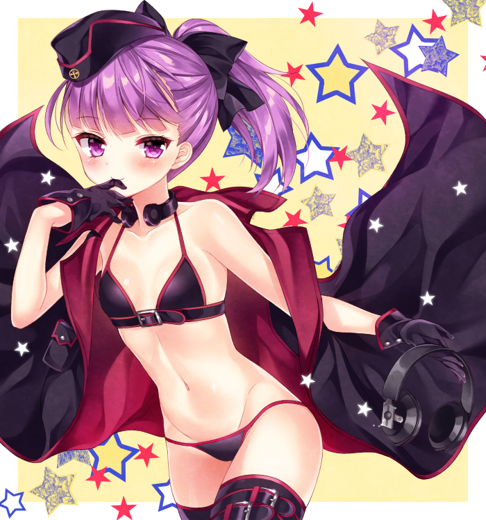 1girl bangs bare_shoulders bikini biting black_bikini black_bow black_gloves black_hat black_jacket black_legwear blush bow breasts closed_mouth collarbone commentary_request eyebrows_visible_through_hair fate/grand_order fate_(series) garrison_cap glove_biting gloves groin hair_bow hat headphones headphones_removed helena_blavatsky_(swimsuit_archer)_(fate) holding_headphones jacket long_hair nogi_takayoshi open_clothes open_jacket ponytail purple_hair sleeveless_jacket small_breasts smile solo star swimsuit thigh-highs violet_eyes