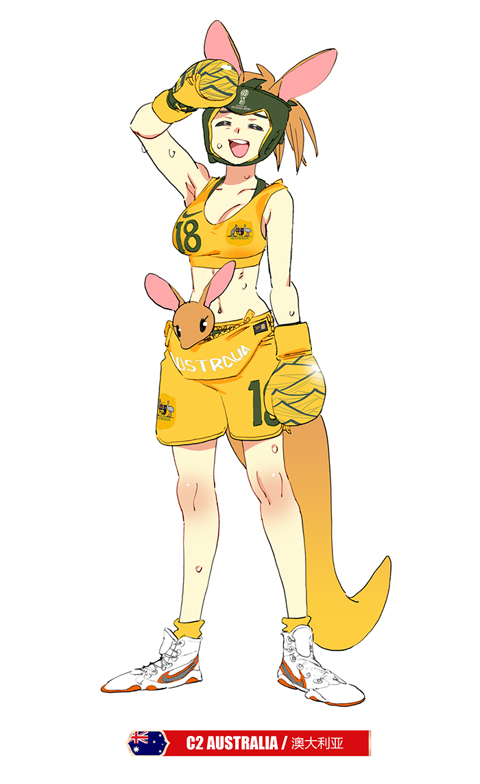 1girl 2018_fifa_world_cup :d australian_flag boxing_gloves brown_hair closed_eyes daibajoujisan fanny_pack full_body gloves headgear kangaroo kangaroo_ears kangaroo_tail midriff open_mouth shorts simple_background smile soccer socks sports_bra sweat white_background white_footwear yellow_gloves yellow_legwear yellow_shorts yellow_sports_bra