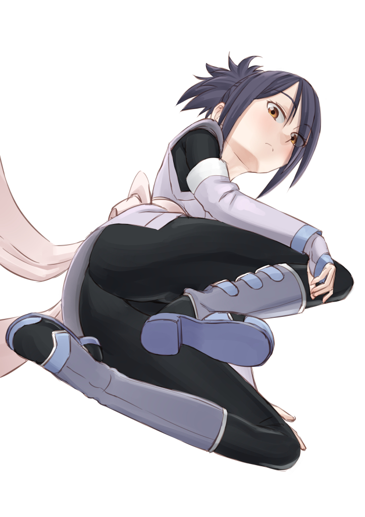 1girl ass black_bodysuit black_hair bodysuit brown_eyes detached_sleeves easy_(aqk7bdqt) fingerless_gloves from_below fujibayashi_shiina full_body gloves hand_on_own_knee hands_on_own_head long_hair looking_at_viewer obi one_knee ponytail purple_gloves sash simple_background solo tales_of_(series) tales_of_symphonia white_background