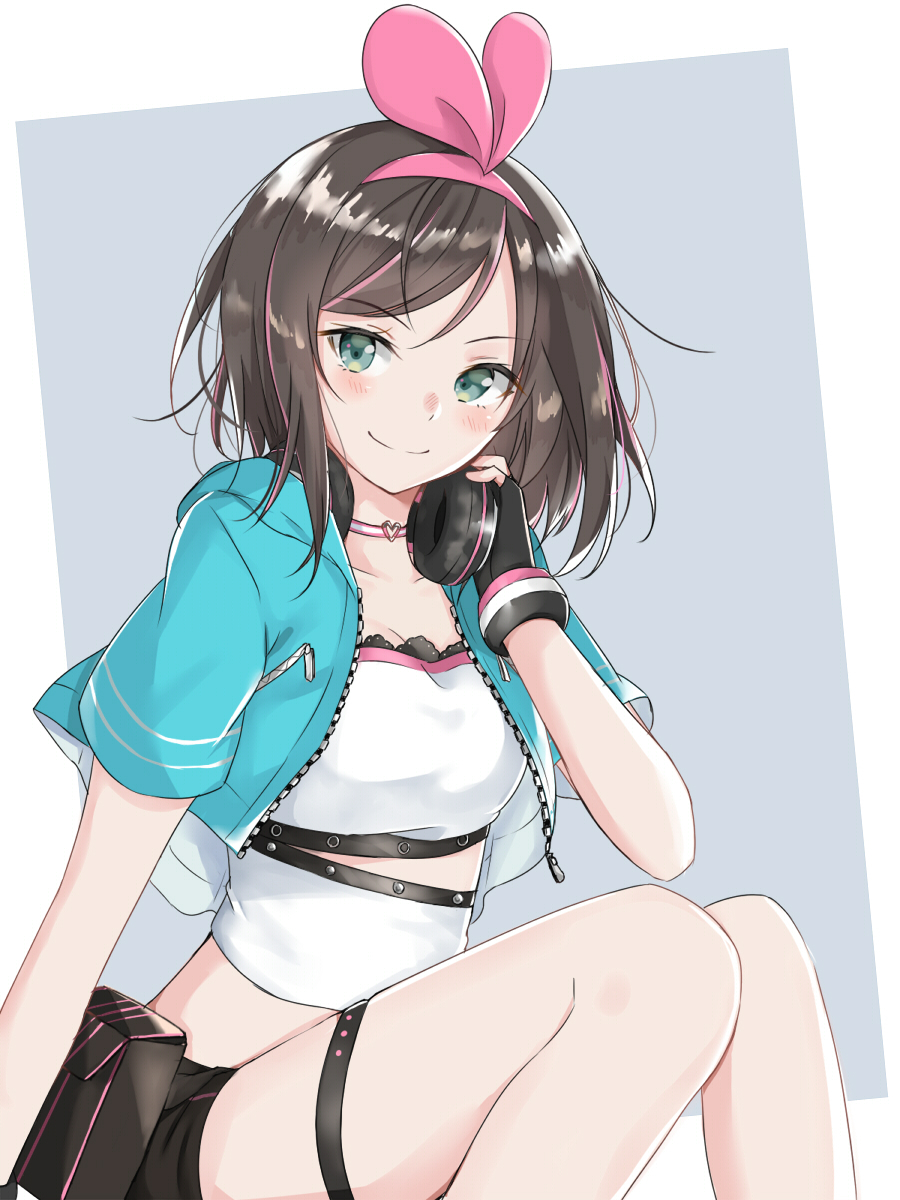 1girl a.i._channel bangs black_shorts blue_jacket blush breasts brown_hair cleavage closed_mouth collarbone commentary_request cropped_jacket eyebrows_visible_through_hair green_eyes grey_background hair_ribbon hand_on_headphones headphones headphones_around_neck highres jacket kizuna_ai multicolored_hair open_clothes open_jacket pink_hair pink_ribbon ribbon shirt short_shorts short_sleeves shorts sitting small_breasts smile solo streaked_hair swon_(joy200892) two-tone_background virtual_youtuber white_background white_shirt