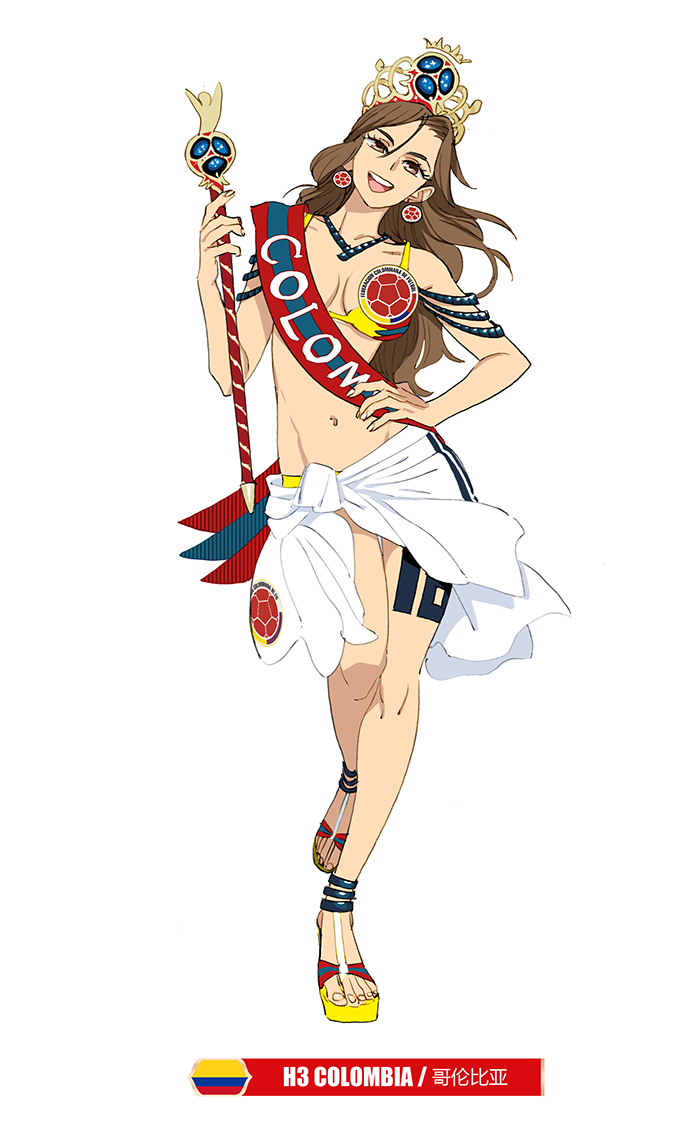 1girl 2018_fifa_world_cup :d bare_shoulders bikini breasts brown_eyes brown_hair cleavage colombia colombian_flag contrapposto crown daibajoujisan earrings full_body hand_on_hip jewelry long_hair looking_at_viewer medium_breasts midriff navel number open_mouth sandals sarong sash simple_background smile soccer solo staff swimsuit white_background yellow_bikini