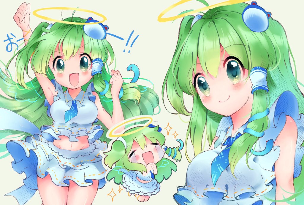 1girl ahoge alternate_costume alternate_outfit armpit blush frills frog green_eyes green_hair hair_accessories halo heya_samuii kochiya_sanae long_hair navel necktie open_mouth smile snake sparkle touhou wings