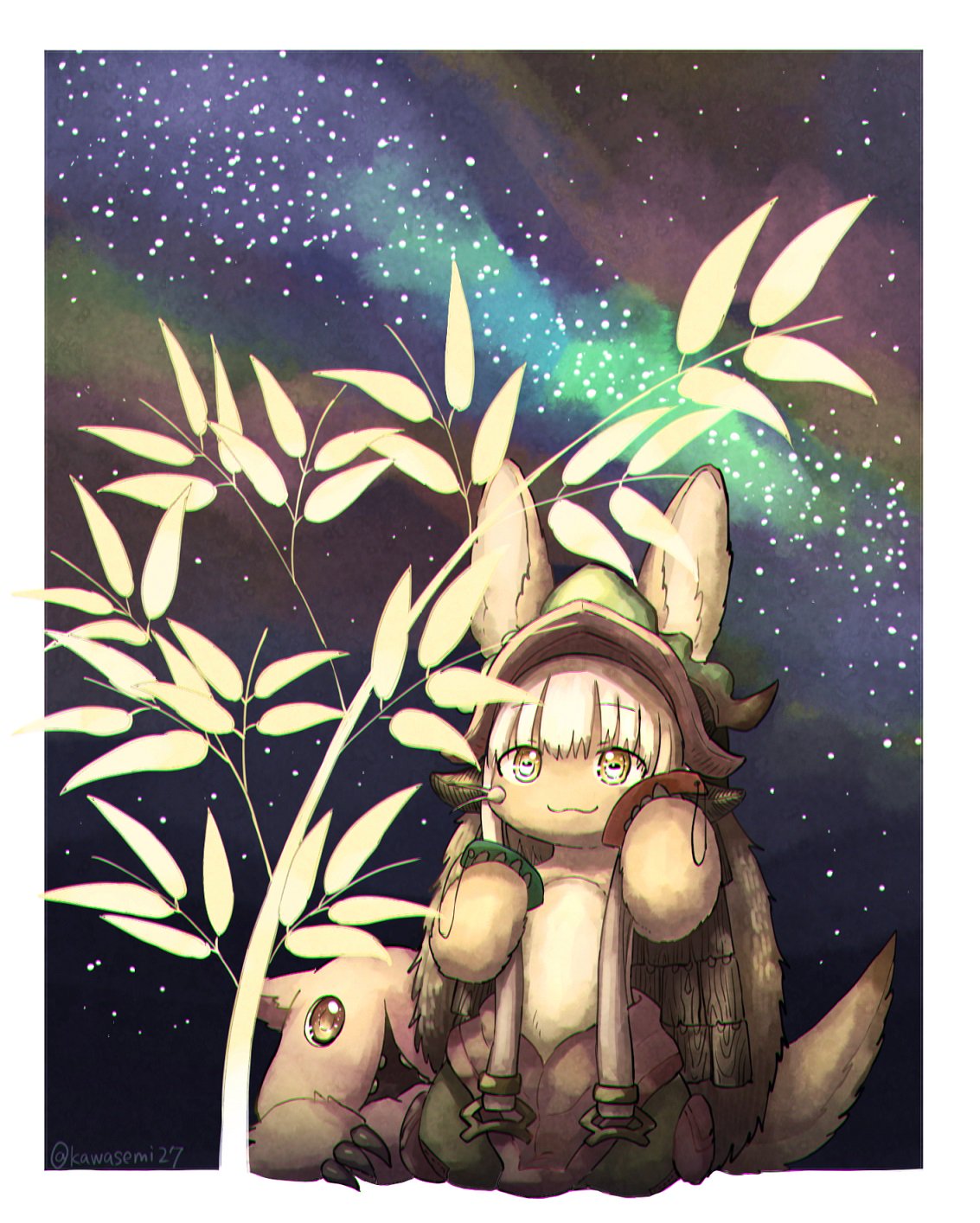 1other :3 animal_ears blush_stickers claws commentary_request ears_through_headwear eyebrows_visible_through_hair furry highres horns kawasemi27 made_in_abyss mitty_(made_in_abyss) nanachi_(made_in_abyss) night paws rabbit_ears red_eyes short_hair_with_long_locks sidelocks sky smile star_(sky) starry_sky tanabata tanzaku topless twitter_username whiskers yellow_eyes
