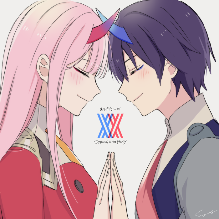 1boy 1girl bangs black_hair blue_horns blush closed_eyes commentary_request couple darling_in_the_franxx face-to-face facing_another forehead-to-forehead hair_ornament hairband hetero hiro_(darling_in_the_franxx) horns long_hair looking_at_another military military_uniform necktie oni_horns orange_neckwear pink_hair red_horns red_neckwear short_hair signature suyamii uniform white_hairband zero_two_(darling_in_the_franxx)