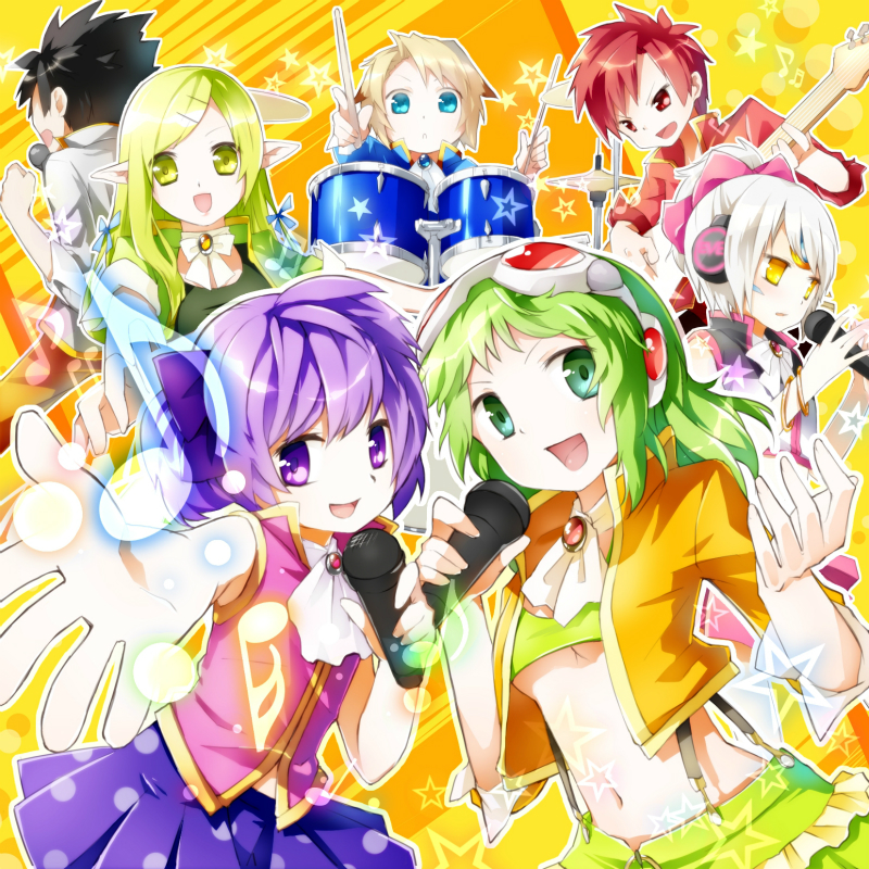 aisha_(elsword) ara_han black_hair chung_seiker crossover drum drumsticks elf elsword elsword_(character) eve_(elsword) facial_mark forehead_jewel googles green_eyes green_hair gumi idol instrument malmaron musical_note pointy_ears purple_hair raven_(elsword) redhead rena_(elsword) silver_hair star tagme violet_eyes vocaloid