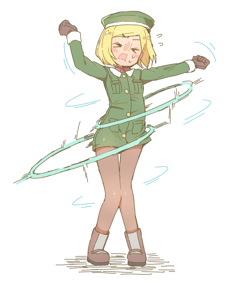 &gt;_&lt; 1girl arms_up bangs beret blonde_hair blush_stickers boots brown_footwear brown_gloves brown_legwear closed_eyes collared_jacket etori facing_viewer fate/grand_order fate_(series) flying_sweatdrops gloves green_hat green_jacket hat head_tilt hoop hula_hoop jacket long_sleeves open_mouth pantyhose paul_bunyan_(fate/grand_order) short_hair solo standing sweat swept_bangs wavy_mouth white_background