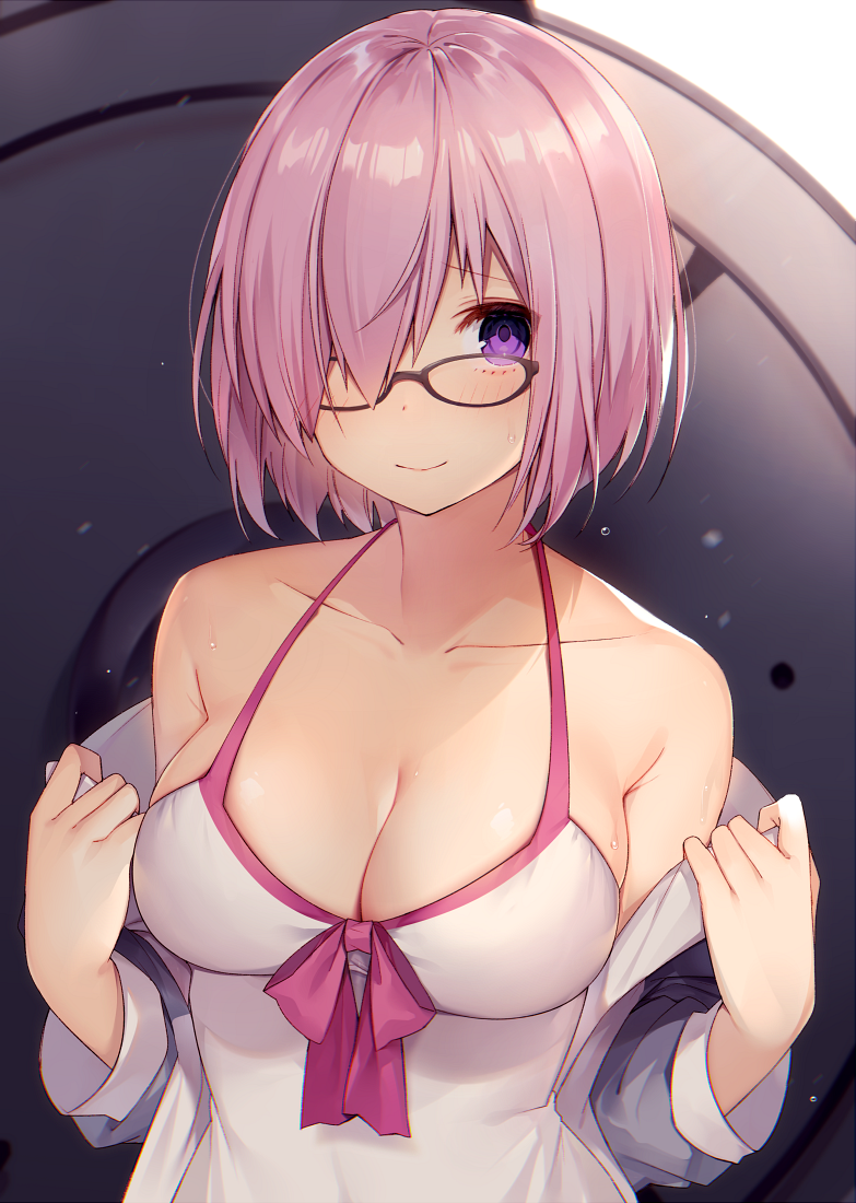 1girl bare_shoulders black-framed_eyewear blush bow breasts cleavage collarbone fate/grand_order fate_(series) front-tie_top hair_over_one_eye large_breasts lavender_hair long_sleeves looking_at_viewer mash_kyrielight muryotaro pink_bow shield short_hair smile sweatdrop swimsuit swimsuit_of_perpetual_summer upper_body violet_eyes white_swimsuit