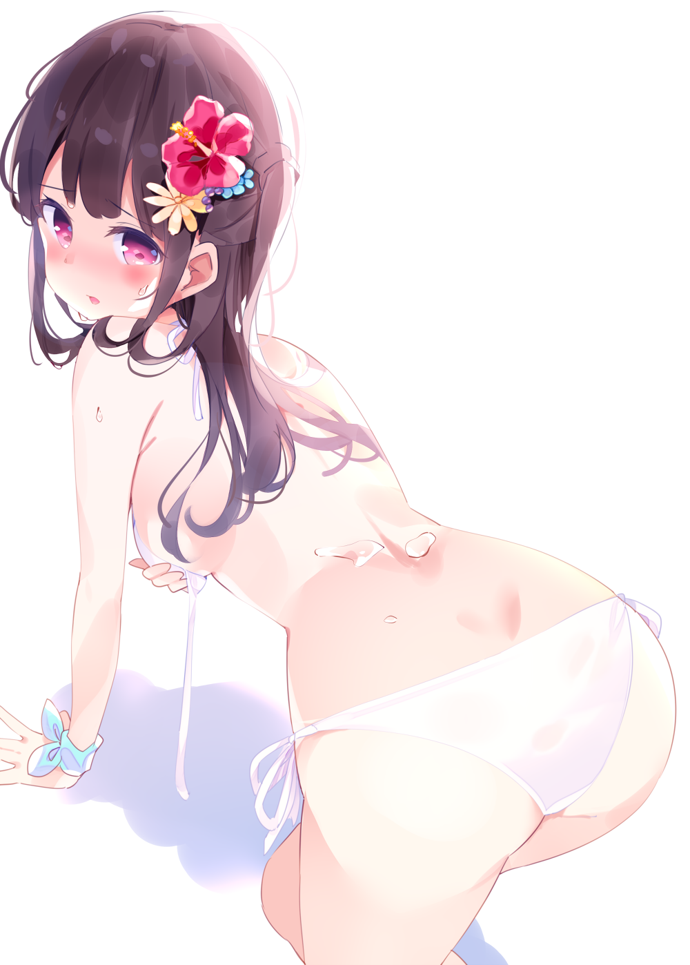 1girl all_fours arm_support ass bangs bare_shoulders bikini blush breasts brown_hair chikuwa. commentary_request eyebrows_visible_through_hair flower hair_flower hair_ornament highres long_hair looking_at_viewer looking_back medium_breasts original parted_lips red-framed_eyewear red_eyes shadow side-tie_bikini solo swimsuit water_drop white_background white_bikini yellow_flower