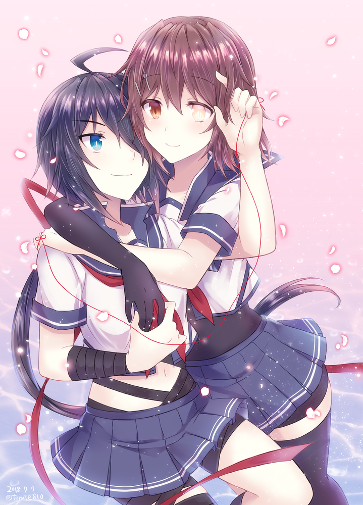 2girls ahoge bangs black_hair black_legwear blue_eyes blue_skirt bodysuit brown_eyes brown_hair cherry_blossoms elbow_gloves eyebrows_visible_through_hair furutaka_(kantai_collection) gloves glowing glowing_eye hair_ornament hair_over_one_eye hairclip heterochromia kabocha_torute kako_(kantai_collection) kantai_collection long_hair looking_at_another messy_hair multiple_girls parted_bangs petals pink_background pleated_skirt ponytail remodel_(kantai_collection) school_uniform serafuku short_hair single_elbow_glove skirt smile thigh-highs yellow_eyes yuri