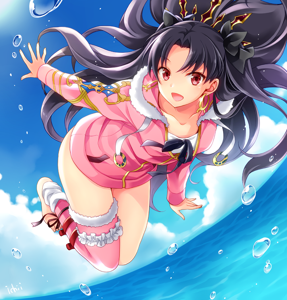 1girl :d artist_name black_hair blue_sky clouds collarbone day earrings fate/grand_order fate_(series) hoop_earrings ishtar_(fate/grand_order) ishtar_(swimsuit_rider)_(fate) jewelry kubyou_azami long_hair long_sleeves looking_at_viewer ocean open_mouth outstretched_arm pink_legwear red_eyes single_thighhigh sky smile solo thigh-highs tiara tohsaka_rin