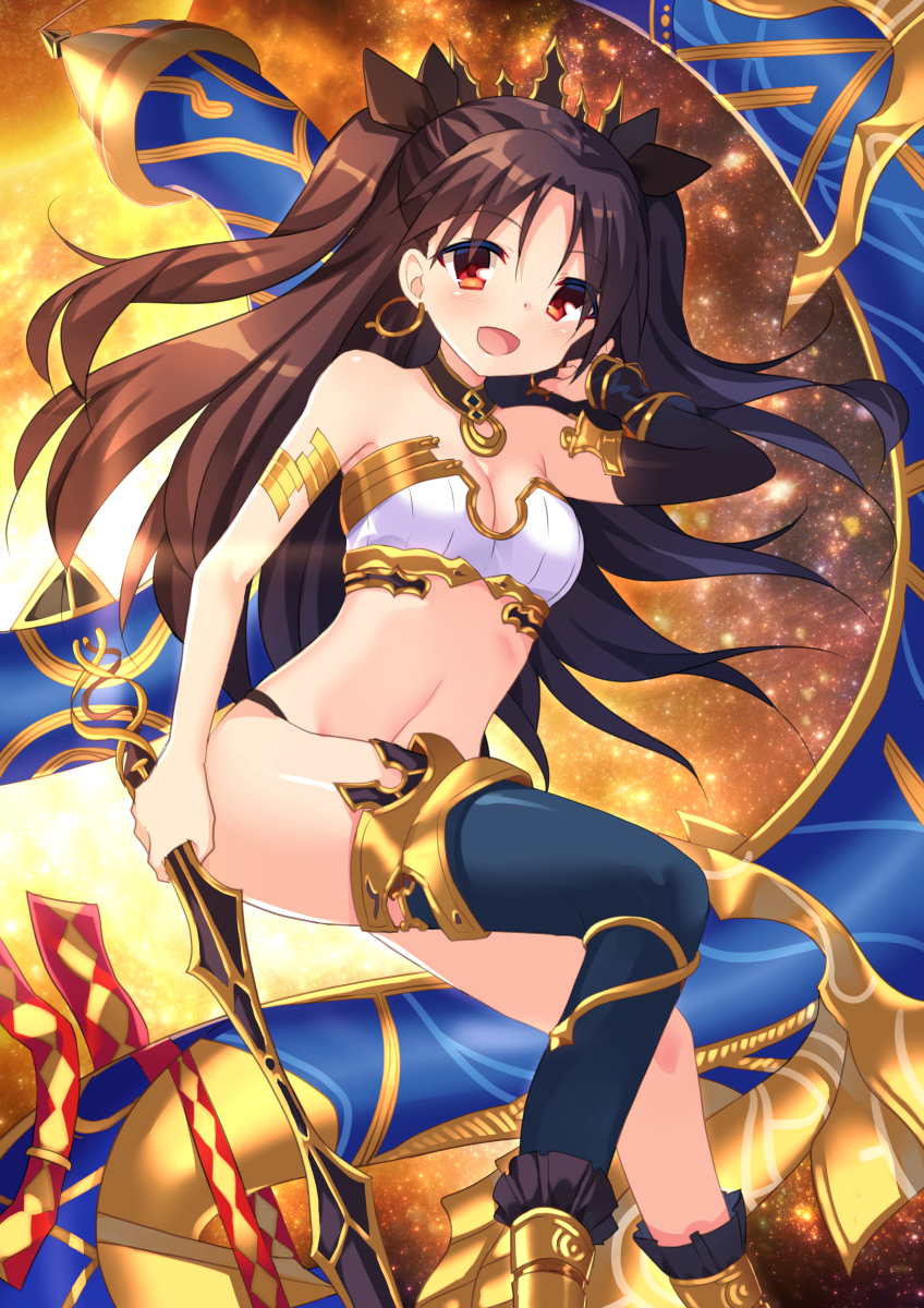 1girl :d asymmetrical_legwear asymmetrical_sleeves bangs bare_shoulders black_legwear black_panties black_ribbon blush breasts brown_hair cleavage commentary craytm earrings english_commentary eyebrows_visible_through_hair fate/grand_order fate_(series) hair_between_eyes hair_ribbon hand_up heavenly_boat_maanna highres holding holding_weapon hoop_earrings ishtar_(fate/grand_order) jewelry long_hair long_sleeves looking_at_viewer open_mouth panties parted_bangs red_eyes ribbon single_detached_sleeve single_thighhigh small_breasts smile solo thigh-highs tiara tohsaka_rin two_side_up underwear very_long_hair weapon