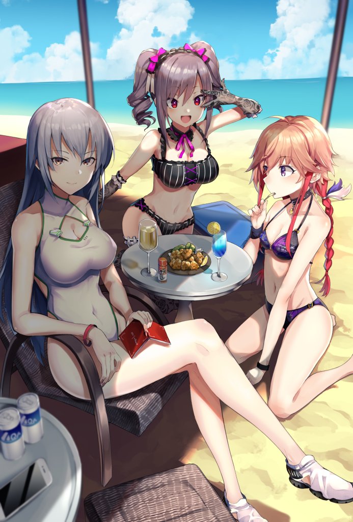 3girls beach bikini book braid breasts bridal_gauntlets can cellphone chair choker cleavage_cutout cup detached_collar drill_hair drinking_glass food fork_in_mouth fried_chicken fruit hair_ornament idolmaster idolmaster_cinderella_girls kanzaki_ranko kouda_hayato_(e-gis) lemon lemon_slice long_hair medium_breasts multicolored_hair multiple_girls ninomiya_asuka ocean one-piece_swimsuit orange_hair phone red_eyes redhead sand silver_hair small_breasts smartphone swimsuit table takamine_noa twin_braids twintails violet_eyes yellow_eyes