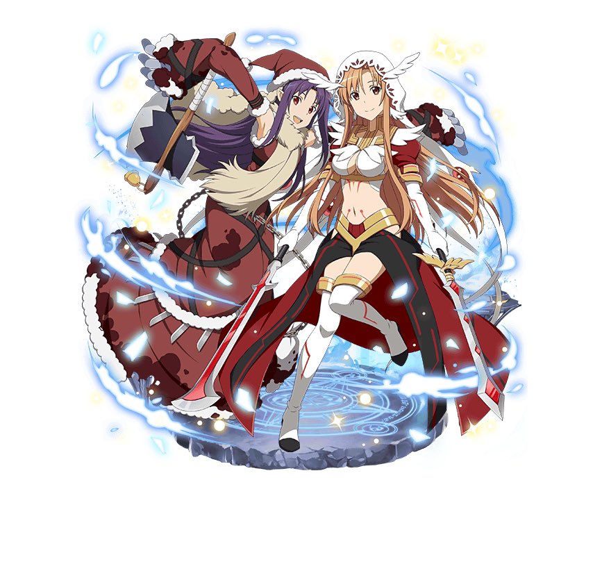 2girls :d armpits asuna_(sao) axe bandage bell blood bloody_clothes boots breasts brown_eyes brown_hair chains cleavage cosplay cosplay_request detached_sleeves dress dual_wielding elbow_gloves fake_beard fake_facial_hair faux_figurine floating_hair full_body fur_trim gloves grey_gloves hair_between_eyes hat holding hood leg_up long_dress long_hair looking_at_viewer magic_circle medium_breasts midriff multiple_girls navel nicholas_the_renegade nicholas_the_renegade_(cosplay) official_art open_mouth outstretched_arms pointy_ears purple_hair red_dress red_eyes red_hat santa_hat simple_background sleeveless sleeveless_dress smile standing standing_on_one_leg stomach sword sword_art_online sword_art_online:_code_register thigh-highs thigh_boots very_long_hair weapon white_background white_footwear white_gloves yuuki_(sao)