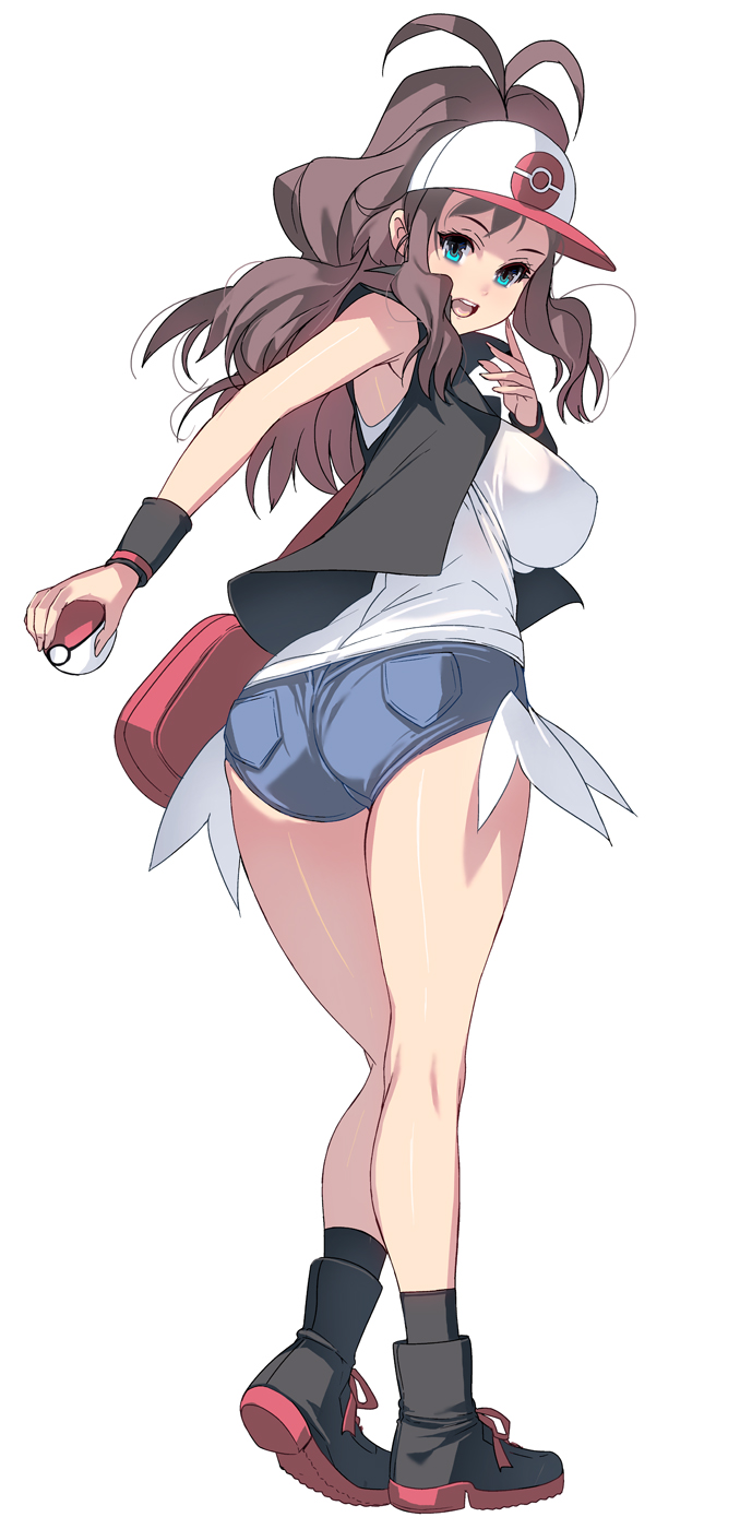 1girl antenna_hair ass bag bare_legs bare_shoulders baseball_cap blue_eyes breasts brown_hair denim denim_shorts from_behind full_body hat highres large_breasts legs long_hair looking_at_viewer looking_back masao open_mouth pokemon pokemon_(game) pokemon_bw ponytail short_shorts shorts sideboob simple_background sleeveless smile solo tank_top touko_(pokemon) vest white_background