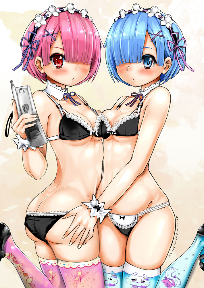 2girls ass ass_grab bangs black_bra black_footwear black_hairband black_panties blue_eyes blue_hair blue_legwear blue_neckwear blush bow bow_bra bow_panties bra breast_press breasts butt_crack cellphone cleavage closed_mouth cowboy_shot dated detached_collar hair_ornament hair_over_one_eye hairband holding holding_cellphone holding_phone lace lace-trimmed_bra lace-trimmed_panties leg_up looking_at_viewer maid multiple_girls neck_ribbon nobusaga41 panties phone pink_hair print_legwear purple_legwear ram_(re:zero) re:zero_kara_hajimeru_isekai_seikatsu red_eyes rem_(re:zero) ribbon shoes short_hair siblings sisters skindentation small_breasts standing standing_on_one_leg symmetrical_docking thigh-highs twins underwear underwear_only white_collar wristband x_hair_ornament