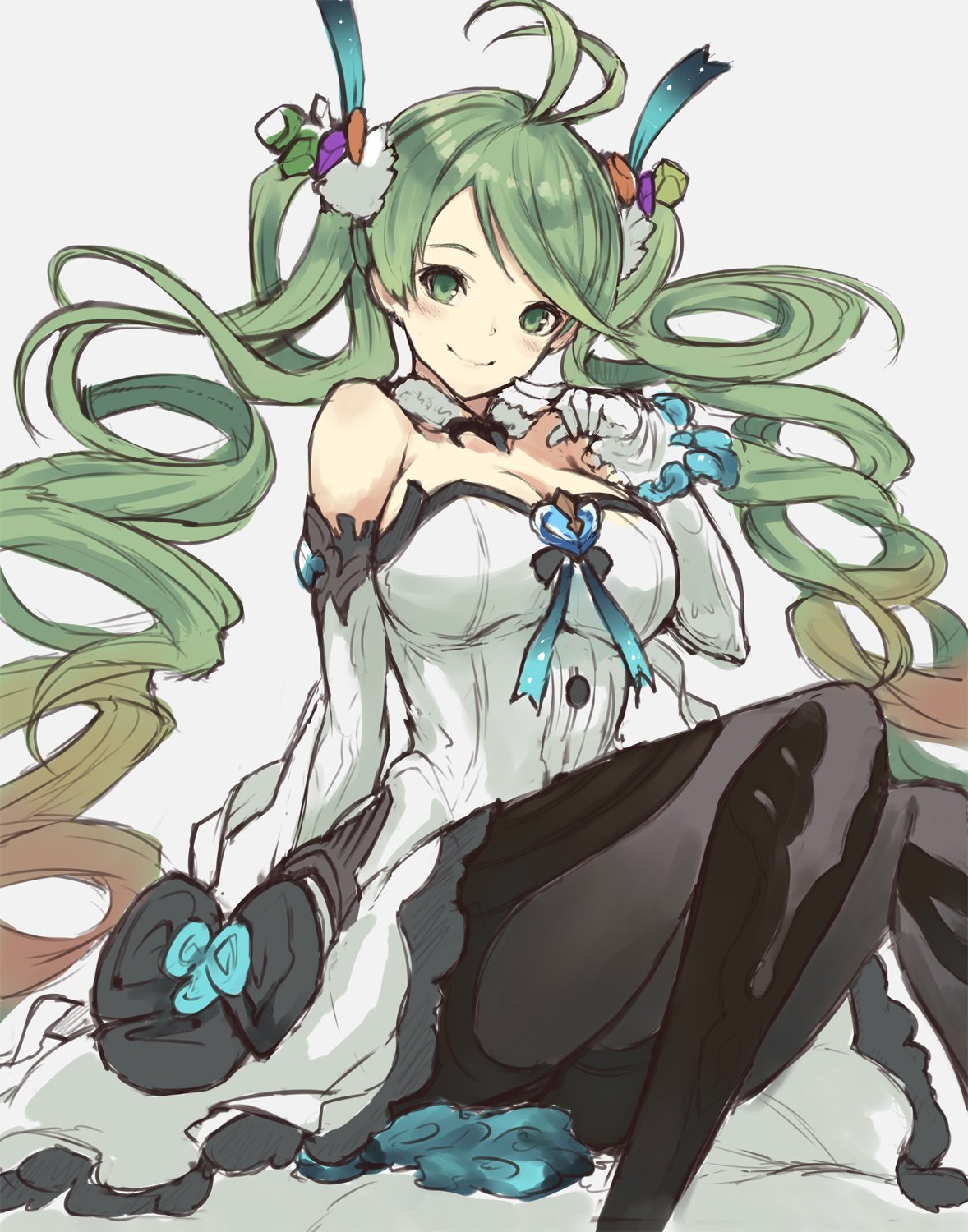 1girl antenna_hair bare_shoulders black_legwear blonde_hair blush bow breasts brooch cleavage cradle_(2849) de_la_fille detached_collar dress elbow_gloves finger_to_mouth frilled_skirt frills gloves gradient_hair granblue_fantasy green_bow green_eyes green_hair grey_background hair_ornament highres jewelry large_breasts long_hair looking_at_viewer multicolored_hair necklace pantyhose redhead simple_background sitting skirt smile solo strapless strapless_dress tied_hair twintails very_long_hair white_gloves