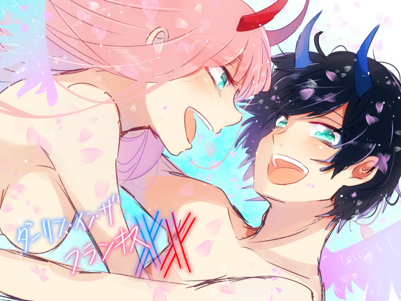 1boy 1girl bangs black_hair blue_eyes blue_horns blush breasts commentary_request couple darling_in_the_franxx green_eyes hetero hiro_(darling_in_the_franxx) horns long_hair looking_at_another medium_breasts oni_horns open_mouth petals pink_hair red_horns shirtless short_hair temaroppu_(ppp_10cc) wings zero_two_(darling_in_the_franxx)