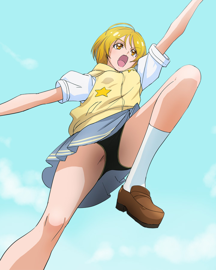 1girl ahoge arm_up black_panties blonde_hair blue_sky clouds day grey_skirt haruyama_kazunori hugtto!_precure jumping kagayaki_homare open_mouth panties precure shoes short_hair short_sleeves skirt sky socks solo underwear yellow_eyes