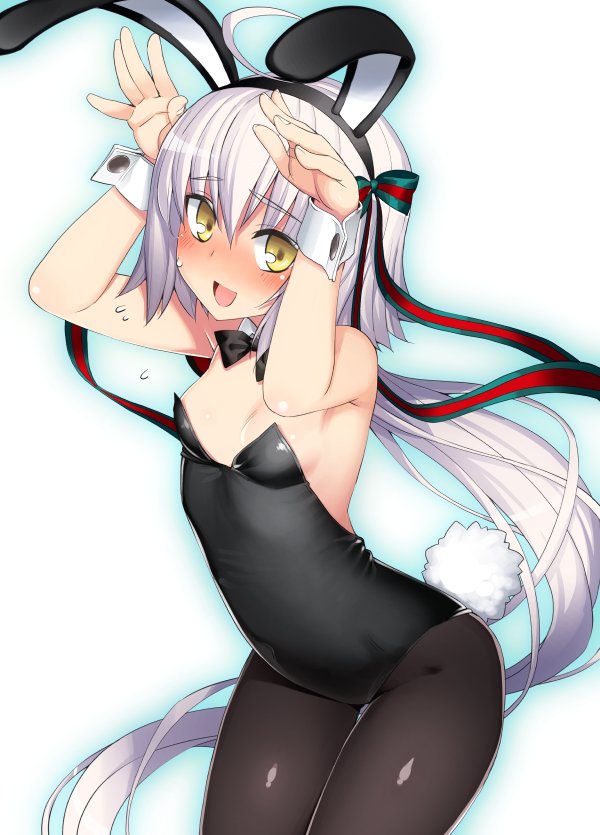 1girl ahoge alternate_costume animal_ears armpits bangs black_bow black_legwear black_leotard blush bow bowtie breasts bunny_girl bunny_tail bunnysuit covered_navel cowboy_shot detached_collar embarrassed eyebrows_visible_through_hair fate/grand_order fate_(series) fingernails green_bow green_ribbon hair_bow hair_ribbon jeanne_d'arc_(fate)_(all) jeanne_d'arc_alter_santa_lily leotard long_hair looking_at_viewer namonashi open_mouth pantyhose rabbit_ears red_bow red_ribbon ribbon silver_hair simple_background small_breasts smile standing striped striped_bow striped_ribbon sweatdrop tail very_long_hair white_background wrist_cuffs yellow_eyes