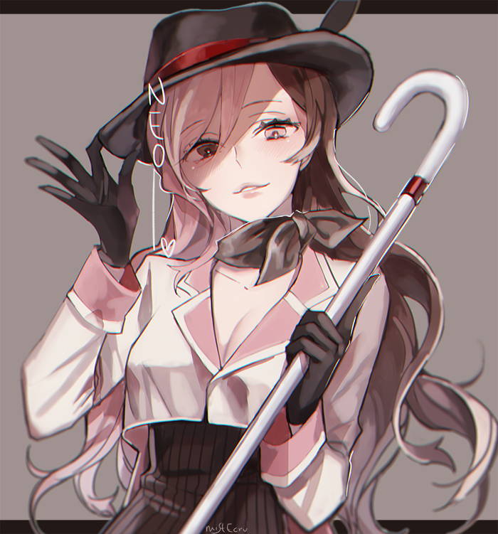 1girl breasts brown_eyes brown_hair cane cleavage ecru fedora gloves grey_background hat heterochromia holding holding_cane holding_hat jacket multicolored_hair neo_(rwby) pink_eyes pink_hair rwby scarf solo