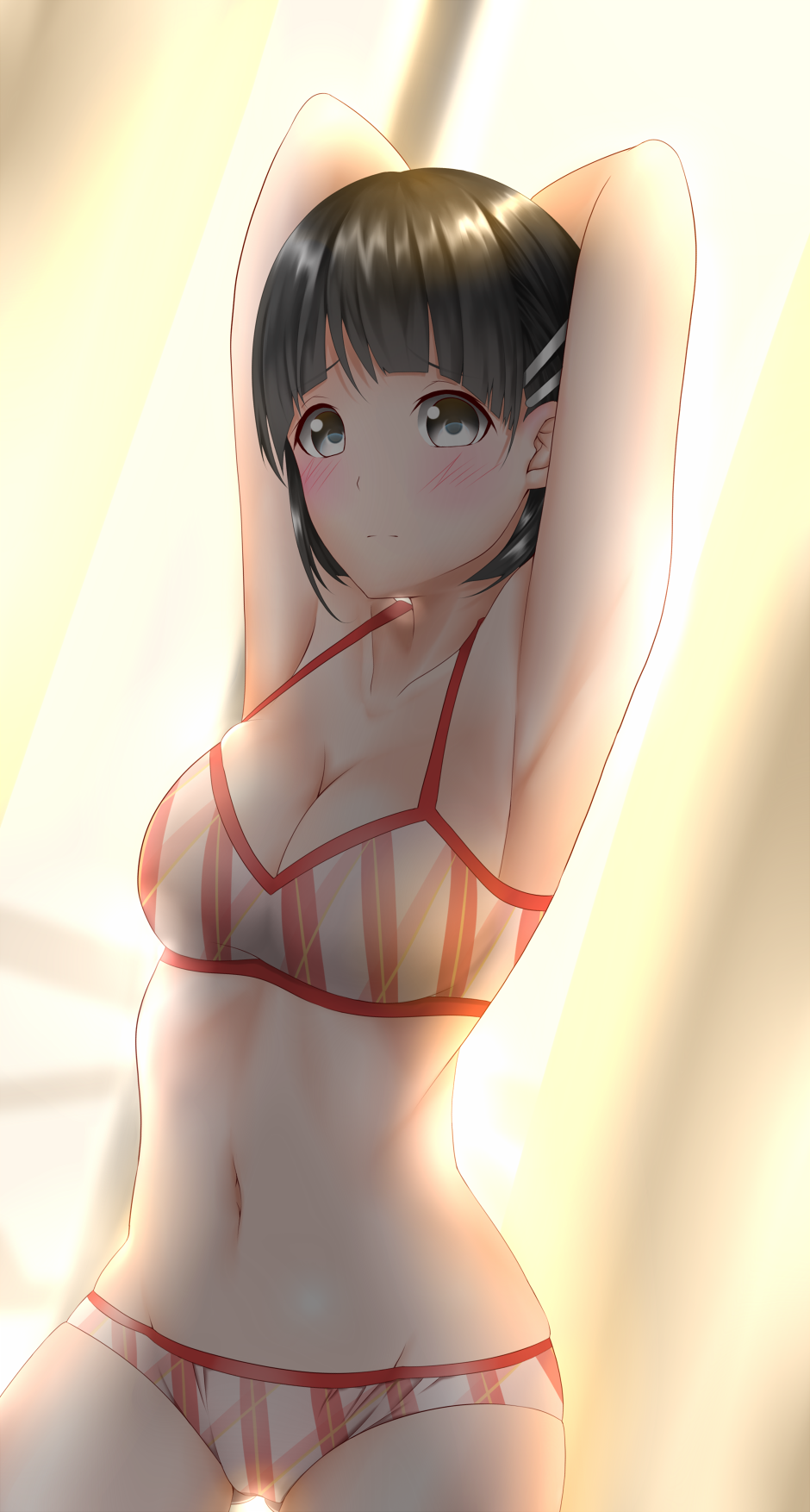 1girl armpits arms_behind_head backlighting bangs black_eyes black_hair blush bra breasts cleavage closed_mouth commentary_request cowboy_shot curtains day eyebrows_visible_through_hair h hair_ornament hairclip highres indoors kirigaya_suguha light_frown looking_at_viewer medium_breasts naginagiwaffle navel panties partial_commentary pink_bra pink_panties plaid plaid_bra plaid_panties short_hair solo standing sword_art_online underwear underwear_only