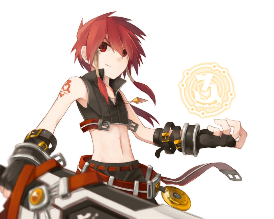 1boy bare_shoulders belt elsword elsword_(character) fingerless_gloves gloves jewelry malmaron navel necklace red_eyes redhead rune_slayer_(elsword) runes sword tattoo weapon white_background