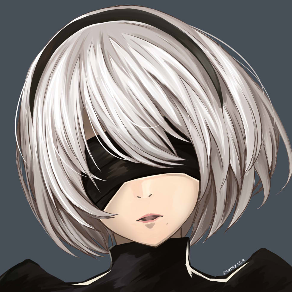 1girl artist_name black_hairband covered_eyes grey_background hairband lucky_keai mole mole_under_mouth nier_(series) nier_automata open_mouth portrait short_hair silver_hair simple_background solo yorha_no._2_type_b