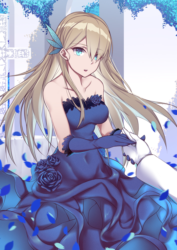 1girl blonde_hair blue_dress blue_eyes blue_flower blue_gloves blue_rose breasts bride dress flower gloves hair_ornament hand_holding lexington_(cv-16)_(zhan_jian_shao_nyu) long_hair rose solo_focus zhan_jian_shao_nyu zhixiang_zhi