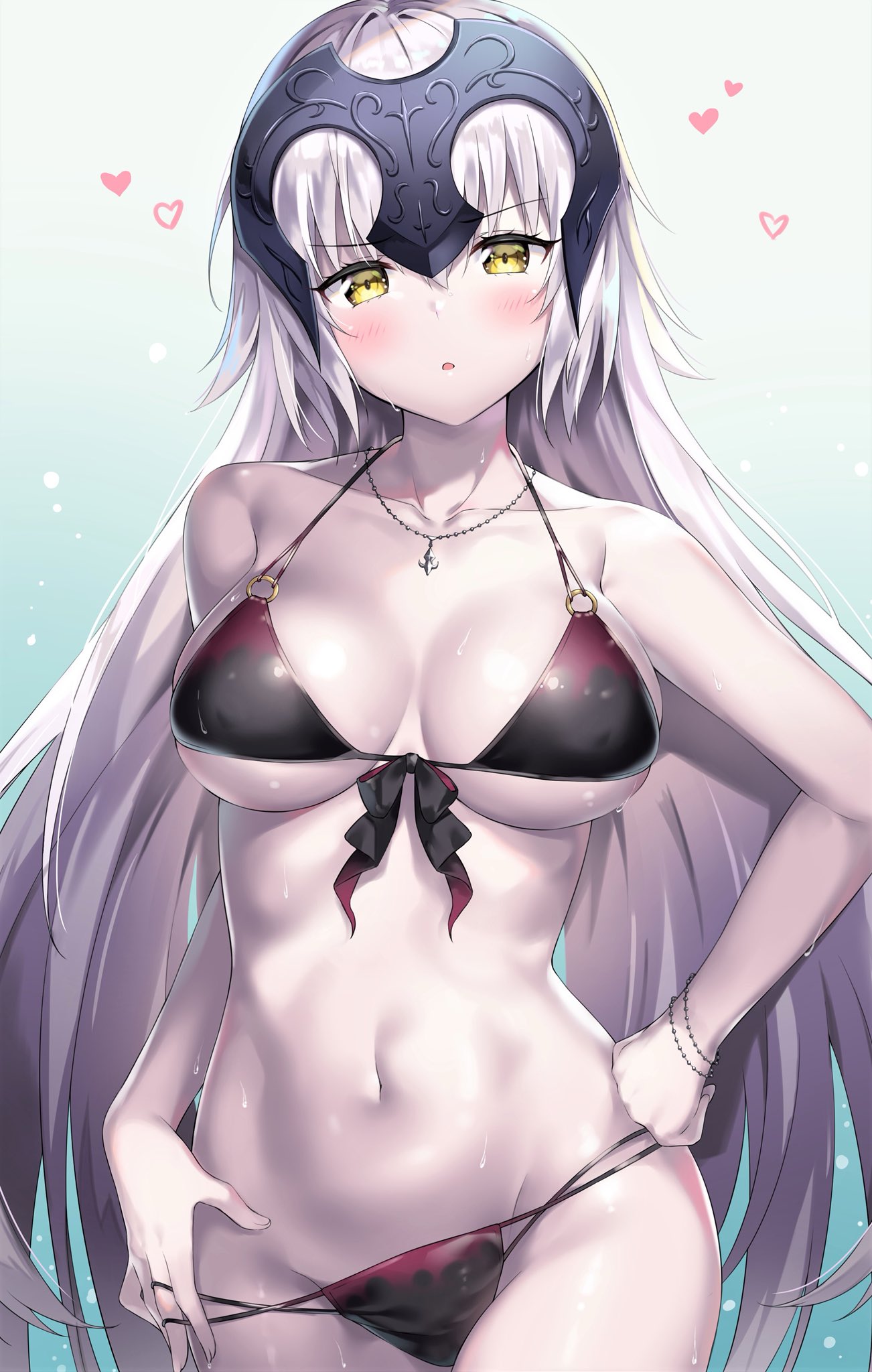 1girl ahoge ale_nqki bangs bare_shoulders bikini bikini_tug black_bikini blush bracelet breasts cleavage collarbone cowboy_shot eyebrows_visible_through_hair fate/grand_order fate_(series) flying_heart front-tie_top groin hair_between_eyes hand_in_bikini hand_on_hip head_tilt headpiece highres jeanne_d'arc_(alter)_(fate) jeanne_d'arc_(fate)_(all) jewelry large_breasts long_hair looking_at_viewer medium_breasts navel necklace o-ring o-ring_top open_mouth pale_skin short_hair sidelocks silver_hair solo stomach swimsuit wet yellow_eyes