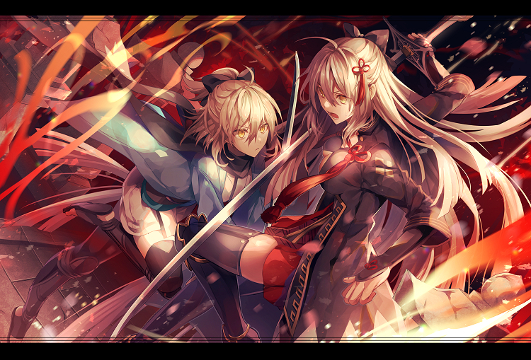 2girls ahoge black_bow black_legwear black_scarf blonde_hair bow breasts cleavage eyebrows_visible_through_hair fate/grand_order fate_(series) fighting floating_hair hair_between_eyes hair_bow haori holding holding_sword holding_weapon japanese_clothes katana kimono large_breasts leg_up long_hair miniskirt multiple_girls okita_souji_(alter)_(fate) okita_souji_(fate) okita_souji_(fate)_(all) open_mouth ponytail red_skirt scarf short_kimono skirt sword thigh-highs very_long_hair weapon white_kimono yellow_eyes yunohito zettai_ryouiki