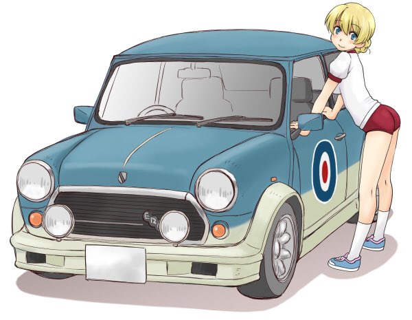 1girl bangs blonde_hair blue_eyes braid buruma car closed_mouth commentary_request darjeeling from_side girls_und_panzer ground_vehicle gym_shirt gym_uniform leaning_forward looking_at_viewer mini_cooper motor_vehicle red_buruma roundel shadow shirt short_hair short_sleeves simple_background smile solo standing t-shirt tied_hair twin_braids uona_telepin white_background white_shirt