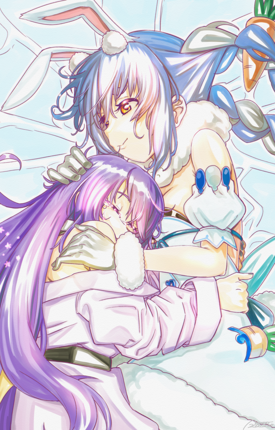 2girls animal_ears carrot_hair_ornament crying food-themed_hair_ornament hair_ornament hand_on_another's_head highres hololive hug long_hair moona_hoshinova multiple_girls purple_hair rabbit_ears ressanpanda smile usada_pekora virtual_youtuber