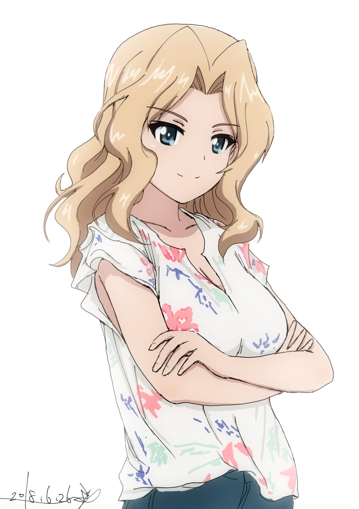 1girl 2018 blue_eyes breasts brown_hair bukkuri cleavage collarbone crossed_arms dated eyebrows_visible_through_hair floral_print girls_und_panzer kay_(girls_und_panzer) long_hair medium_breasts print_shirt shirt signature simple_background sketch smile solo upper_body white_background white_shirt