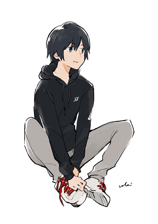 1boy bangs black_hair black_hoodie blue_eyes commentary_request darling_in_the_franxx eyebrows_visible_through_hair grey_pants hiro_(darling_in_the_franxx) hood hoodie male_focus pants shoes short_hair signature sitting sneakers solo ukipenguin white_footwear