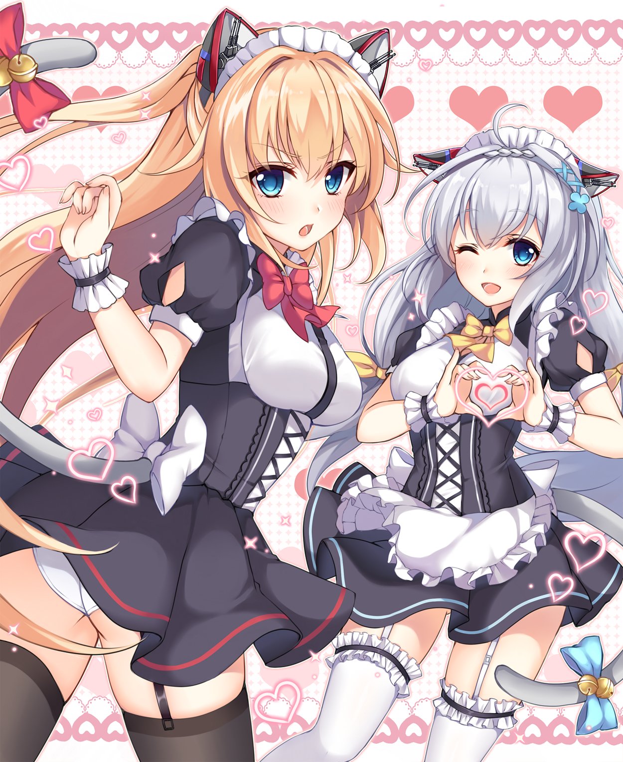 2girls ahoge blonde_hair blue_eyes breasts claxton_(zhan_jian_shao_nyu) commentary_request dyson_(zhan_jian_shao_nyu) eyebrows_visible_through_hair garter_belt grey_hair hasu_(velicia) highres long_hair maid maid_headdress mechanical_ears moe_moe_kyun! multiple_girls panties ribbon tail thigh-highs underwear wings zhan_jian_shao_nyu