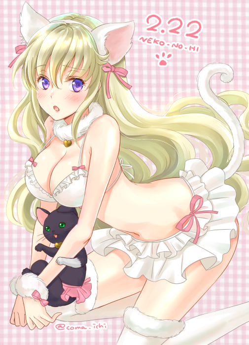 1girl animal_ears bangs bikini bikini_skirt blonde_hair blush breasts cat cat_day cat_ears cat_tail choker cleavage code_geass:_boukoku_no_akito eyebrows_visible_through_hair fake_animal_ears floating_hair frilled_bikini frills fur_trim hair_between_eyes hair_ribbon hairband kneeling komaichi large_arm leila_(code_geass) long_hair looking_at_viewer navel open_mouth pink_ribbon ribbon solo swimsuit tail thigh-highs very_long_hair violet_eyes white_bikini white_hairband white_legwear wrist_cuffs